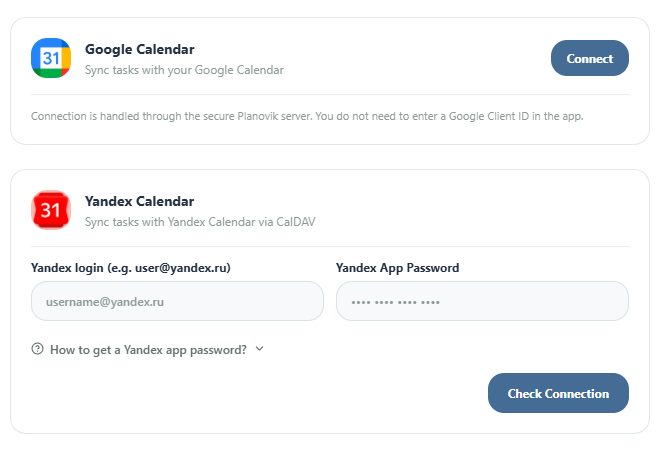 Calendar Connection Settings