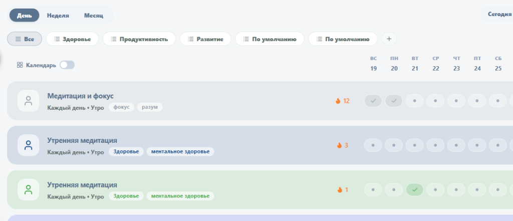 Интерфейс трекера привычек